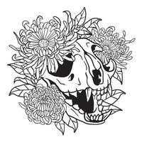 Floral Crysanthemum Flower Cat Skull Coloring Page vector