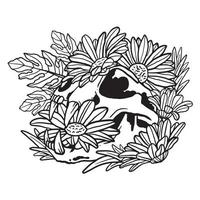 Floral Daisy flower Cat Skull Illustration Coloring Page vector