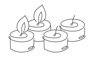 icono de vector de cuatro velas de una línea continua dibujada a mano. advenimiento de navidad dos mimos ardientes. ilustración de esquema para tarjeta de felicitación, diseño web invitación de vacaciones aislada sobre fondo blanco