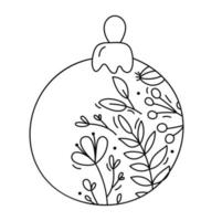 Line hand drawn ball toy for tree with line berries, branches texture. Merry xmas and Happy New Year contour isolated illustration for the celebration of winter holidays vector