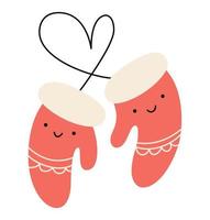 Vector illustration couple of warm knitted happy smilling red mittens design. Pair of cute patterned elements for winter design. Comfort and warm concept. Doodle minimalism style