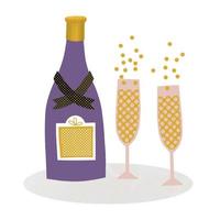 A bottle of champagne sparkling with glasses. Happy New Year. vector