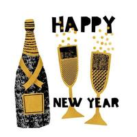 una botella de champán espumoso con copas. feliz año nuevo. vector