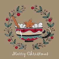 A Christmas card with a large mug of a festive drink with cookies and cinnamon.  Doodle style. Vector. vector