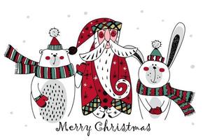 Christmas card with Santa Claus and winter animals hare and bear. Doodle style. Vector. vector