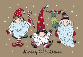 Christmas card with funny Nordic gnomes with gifts.  Doodle style. Vector. vector