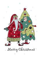 Christmas card with Santa Claus and a festive Christmas tree. Doodle style. Vector. vector