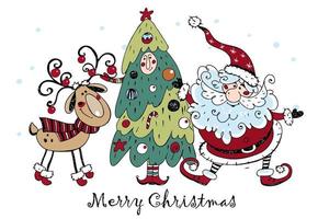 Merry Christmas greeting card. Santa Claus with a Christmas tree and a cheerful deer. Doodle style. Vector. vector