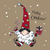 Cute Christmas gnome with gifts in Doodle style. Greeting card. Vector. vector