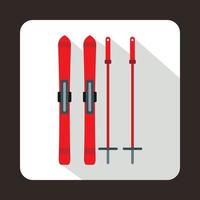 Red skis and ski poles icon, flat style vector