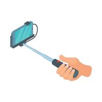 Hand holding selfie stick with phone icon vector