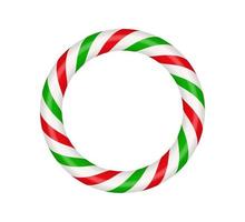 Christmas candy cane circle frame with red and green striped. Xmas border with striped candy lollipop pattern. Blank christmas and new year template. Vector illustration isolated on white background