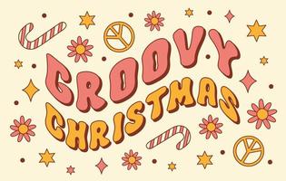 Groovy Christmas horizontal background. Retro vintage banner in style 60s, 70s. Wavy text, daisy flowers, sweets and peace symbol on beige background. Trendy vector illustration