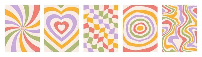 Set of vertical backgrounds in style retro 70s, 80s. Groovy hippie abstract psychedelic design. Pastel colors. Vector illustration