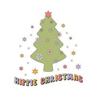 Hippie Christmas tree vector illustration isolated on a white background. Retro groovy print for holiday festive season in vintage style 60s, 70s.