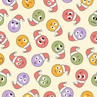 Christmas seamless pattern with round abstract comic faces with various emotions. Different colorful characters. Trendy retro background in style 60s, 70s. Pastel colors. Vector illustration.