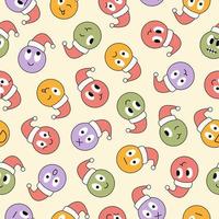 Christmas seamless pattern with round abstract comic faces with various emotions. Different colorful characters. Trendy retro background in style 60s, 70s. Pastel colors. Vector illustration.