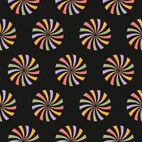 Retro abstract seamless pattern with rainbow swirl sunburst in round shape. Trendy geometric background in style 60s, 70s. Vector illustration