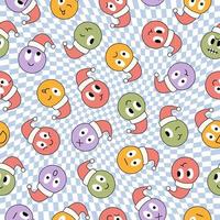 Christmas seamless pattern with round abstract comic faces with various emotions on a checkered background. Different colorful characters. Trendy retro print in style 60s, 70s. Vector illustration.