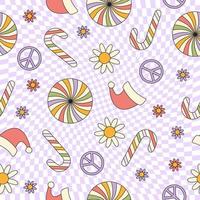 Hippie groovy christmas seamless pattern. Retro festive floral background in style 60s, 70s. Trendy vector illustration. Pastel colors