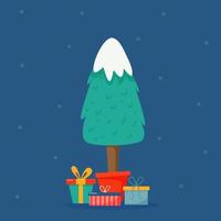 Christmas tree in pot with gifts on blue background. Vector illustration in cartoon style
