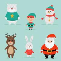 conjunto de divertidos personajes navideños. personajes navideños. colección con santa claus, duende y animales lindos vector