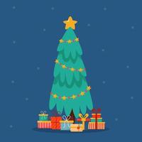 Christmas tree with gifts on blue background. Vector illustration for postcards, posters, decor.