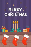 chimenea navideña con calcetines rojos, velas navideñas y regalos. decoración navideña chimenea. ilustración vectorial en estilo de dibujos animados vector