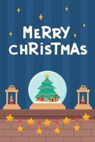 chimenea navideña con decoración, farolillos navideños, velas y una gran bola de nieve de cristal. celebrando año nuevo y navidad. ilustración vectorial en estilo de dibujos animados vector