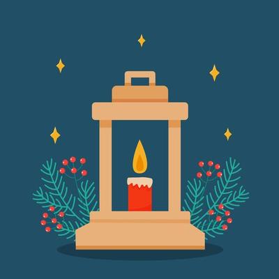 Christmas lantern with candle and holly branches and red berries on white background