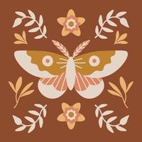 Retro boho butterfly with flowers vector