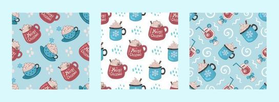 Christmas cups and mugs seamless pattern collection vector