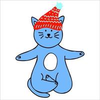 lindo gato azul con sombrero rojo meditando en posición de loto, arte de clip dibujado a mano para tarjeta de navidad, diseño de portada, afiche, símbolo del zodiaco chino de 2023 vector