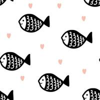 patrón impecable con peces negros y corazones, impresión simple para papel tapiz, cubierta, textiles para niños, decoración de guardería, diseño de interiores, moda para bebés, fondo blanco, ilustración submarina, vida oceánica vector