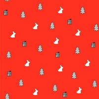 Happy new year and Christmas scandinavian seamless pattern with white rabbit silhouette,fir tree and gift boxes on red background,bright print for wallpaper,cover design,packaging,holiday decor. vector
