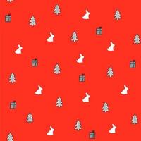 Happy new year and Christmas scandinavian seamless pattern with white rabbit silhouette,fir tree and gift boxes on red background,bright print for wallpaper,cover design,packaging,holiday decor. vector