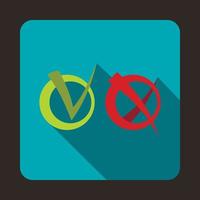 Green tick and red cross icon, flat style vector