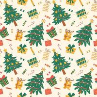 Seamless pattern with decorated Christmas trees, sweets and presents vector