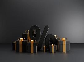 Black Friday banner background with percent symbol and gift box.  Minimal product display mockup with geometric shape object. 3D rendering. photo