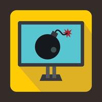 Bomb on computer monitor icon, flat style vector