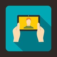 Hands holding tablet icon, flat style vector