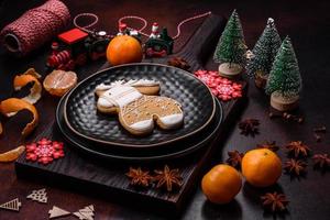 Beautiful Christmas decorations with holiday toys, clementines and gingerbread