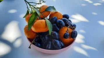 High angle, Pink plate with citrus fruits and grapes on white background. healthy fruit 03 photo