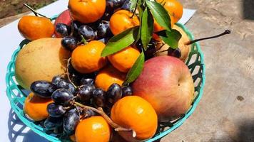 Close up of apples, pears, grapes and oranges in green basket on exposed cement background photo