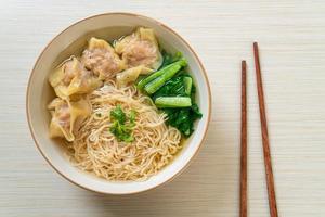 egg noodles with pork wonton soup or pork dumplings soup and vegetable photo