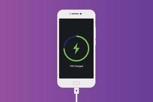 Smart phone charging isolated on white background. Top view charging progress lighting on screen smart phone. vector