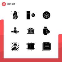 Pack of 9 Modern Solid Glyphs Signs and Symbols for Web Print Media such as building gage baseball repair building Editable Vector Design Elements