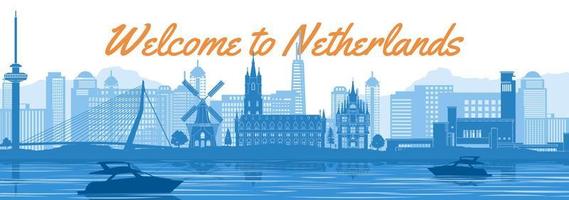 Netherlands famous landmark with blue and white color design vector