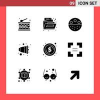 Modern Set of 9 Solid Glyphs Pictograph of dollar circle mineral speaker half Editable Vector Design Elements