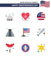 Pack of 9 creative USA Independence Day related Flats of country american usa landmark usa Editable USA Day Vector Design Elements